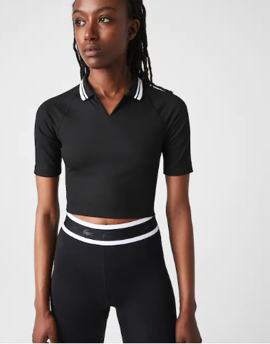 قميص بولو نسائي قصير مضلع ومطاطي من مجموعة Lacoste SPORT